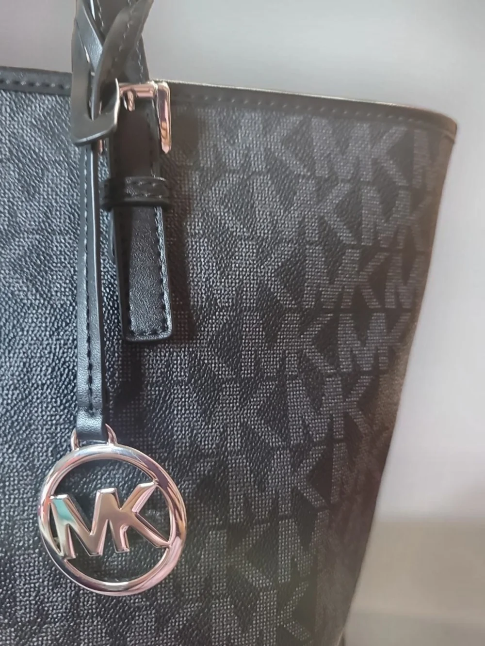 Michael Kors Jet Set Travel Top Zip Signature Monogram Tote, Black Like New